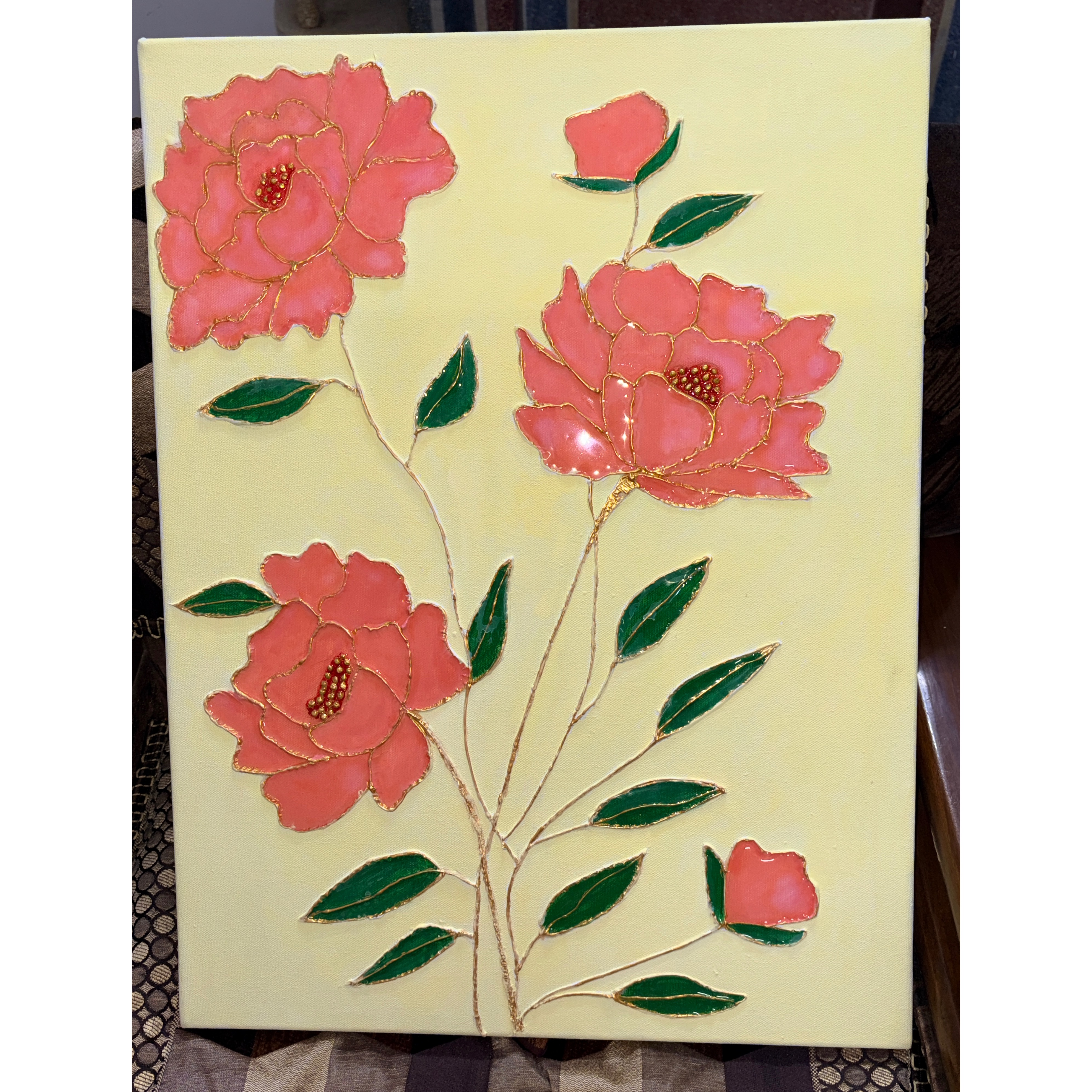 Handmade Pink Floral Texture Art with Resin Coating & Gold Detailing 2