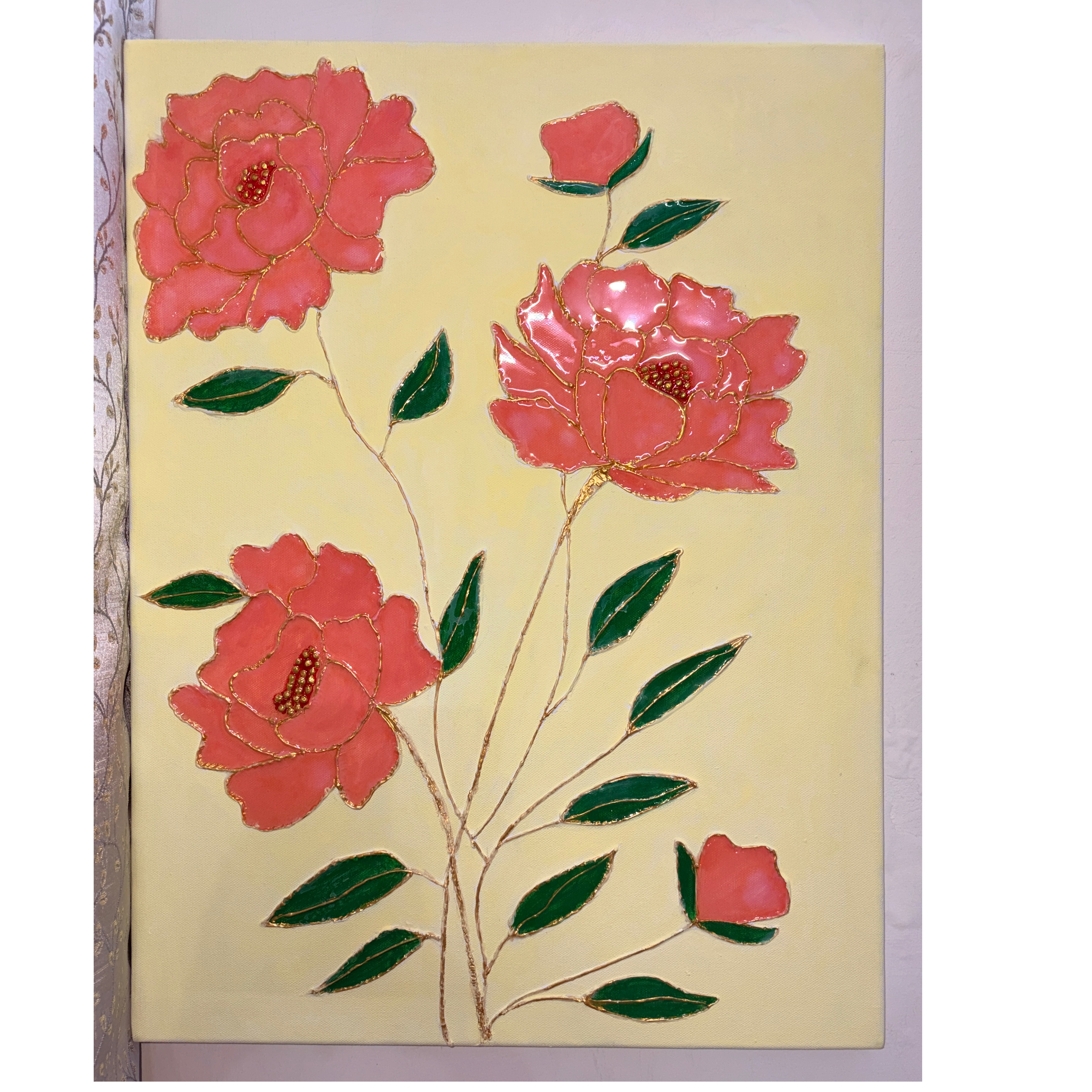 Handmade Pink Floral Texture Art with Resin Coating & Gold Detailing 3