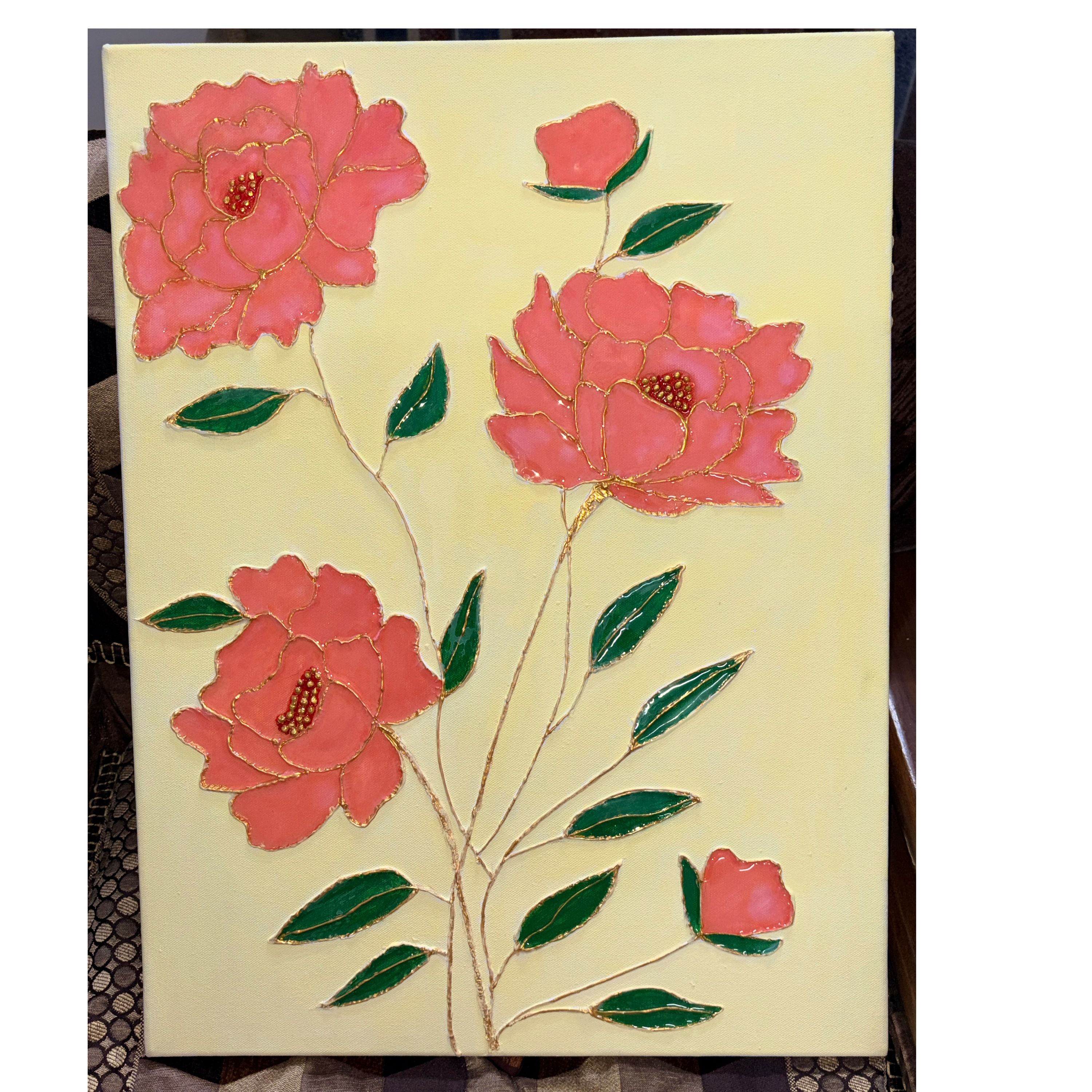 Handmade Pink Floral Texture Art with Resin Coating & Gold Detailing - Wholesale Gifts & Crafts